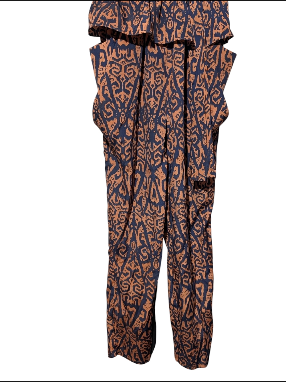 Katia Navy & Tan Abstract Print Jumpsuit Mesh Yoke Peter Pan Collar Size S - Picture 5 of 8